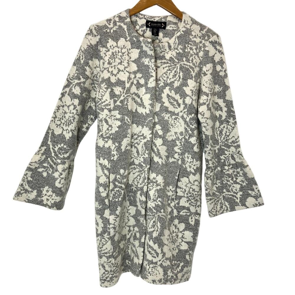 Nanette Lepore - Ivory Wool Blend Knit Jacquard Coat w/ Bell Sleeves- Women's M
